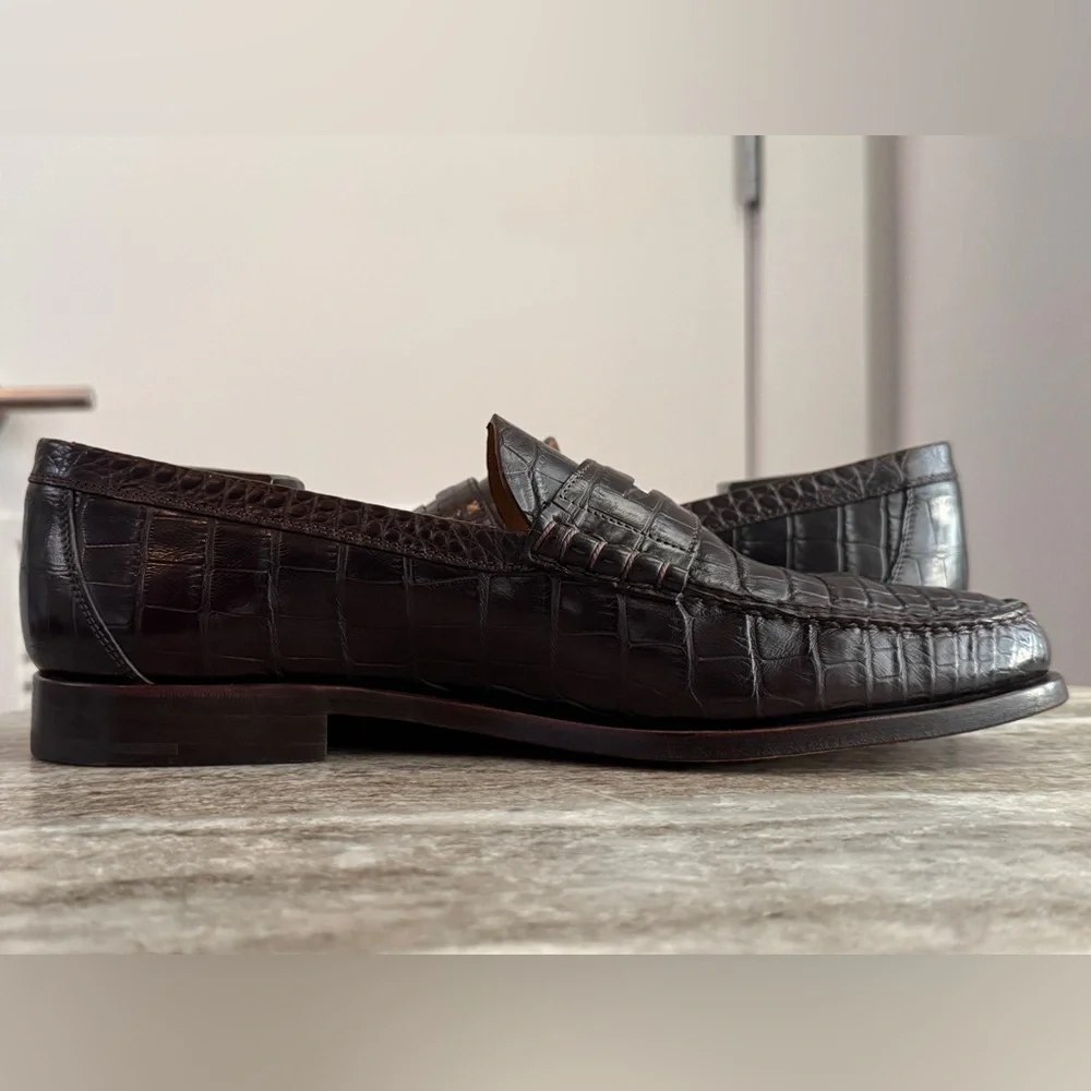 HERMES Crocodile Brown Alligator Leather Penny Loafer Shoes 10 US 43 Euro 9 UK - Picture 4 of 16